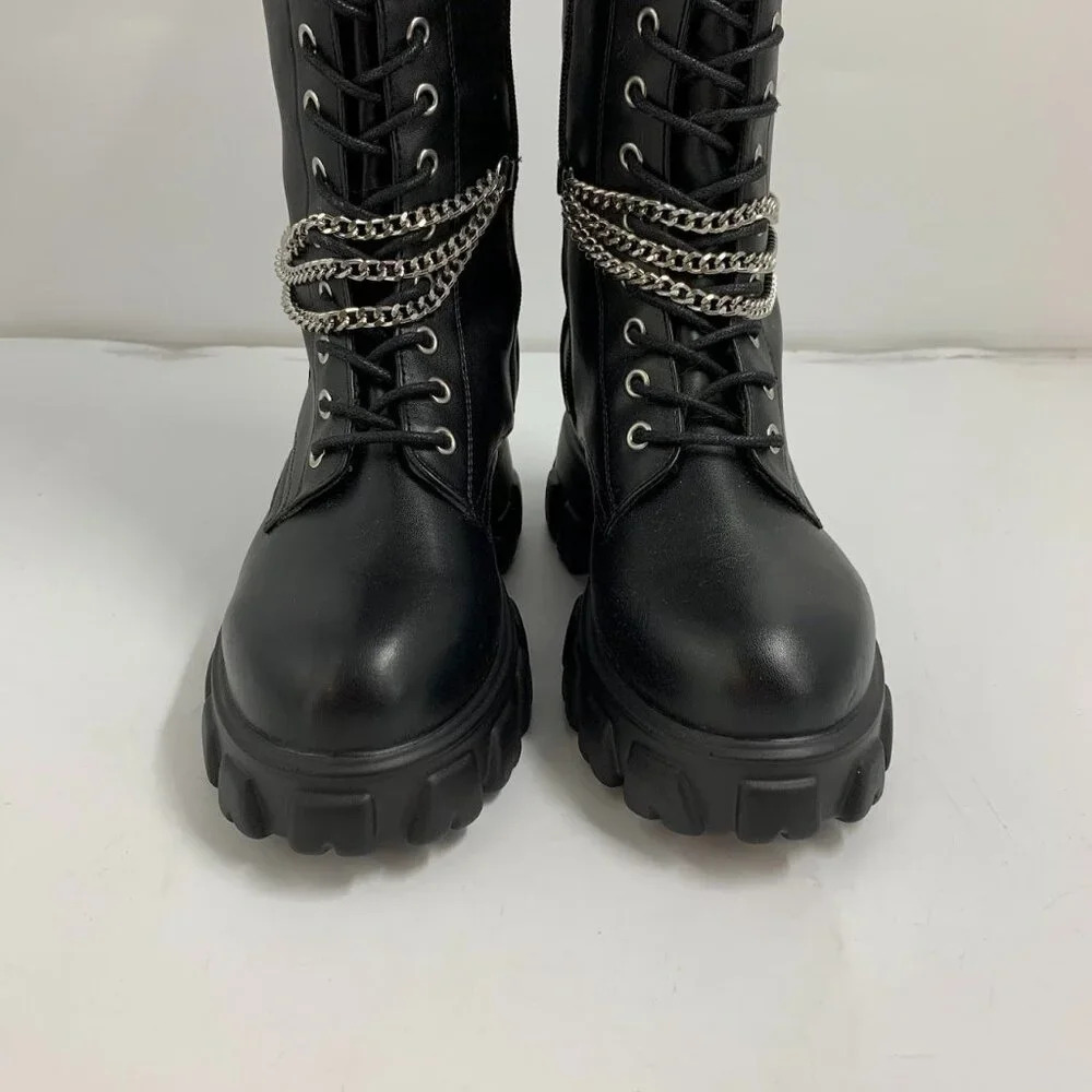 Hot Topic Women’s Black‎ Chains Platform Side Zip Knee-High Boots Size 10 NWOB - Picture 10 of 16